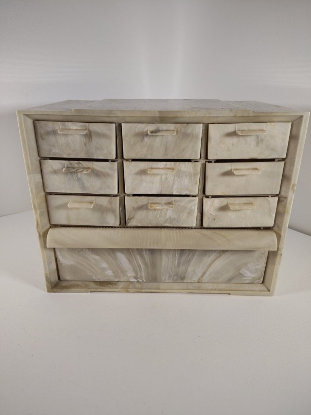 Vintage Akro Mills Grey Tan Marble 10 Drawer Storage Cabinet Jewelry Box